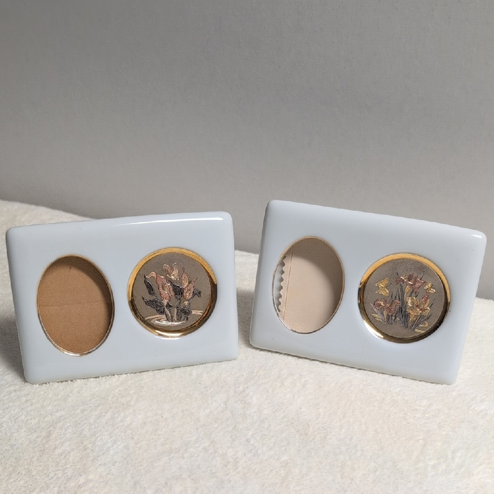 The Art Of Chokin White Ceramic Dual Photo Frame 2pcs 24K Gold Edged
